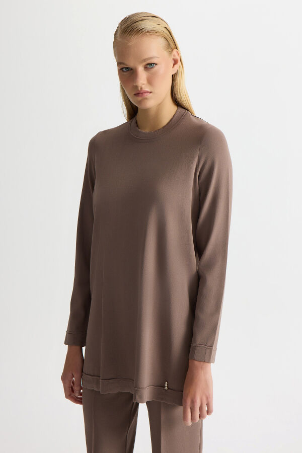 Basic Uzun Kollu Triko Tunik Kahverengi Pudra - 1