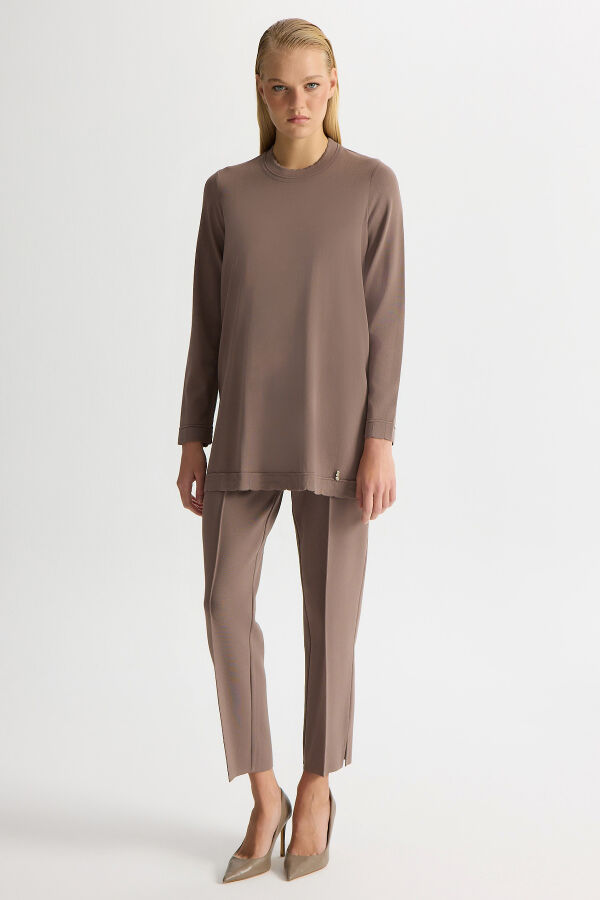 Basic Uzun Kollu Triko Tunik Kahverengi Pudra - 3