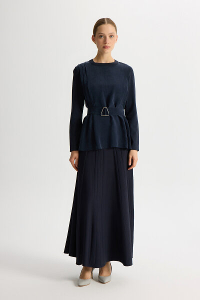 Kemerli Pile Detaylı Cupro Tunik Dark Navy - 4