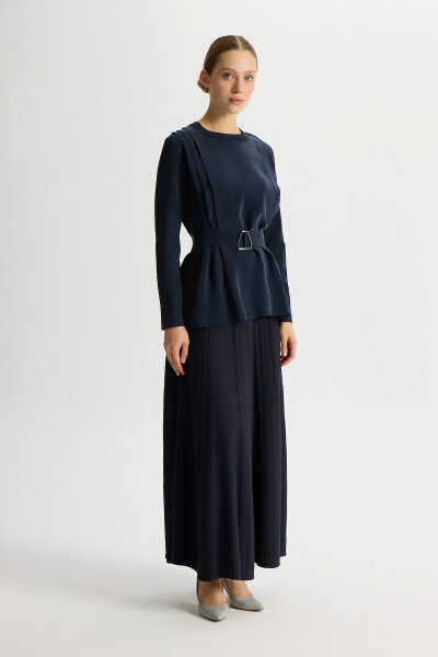 Kemerli Pile Detaylı Cupro Tunik Dark Navy - 5
