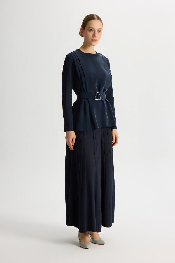 Kemerli Pile Detaylı Cupro Tunik Dark Navy - 5