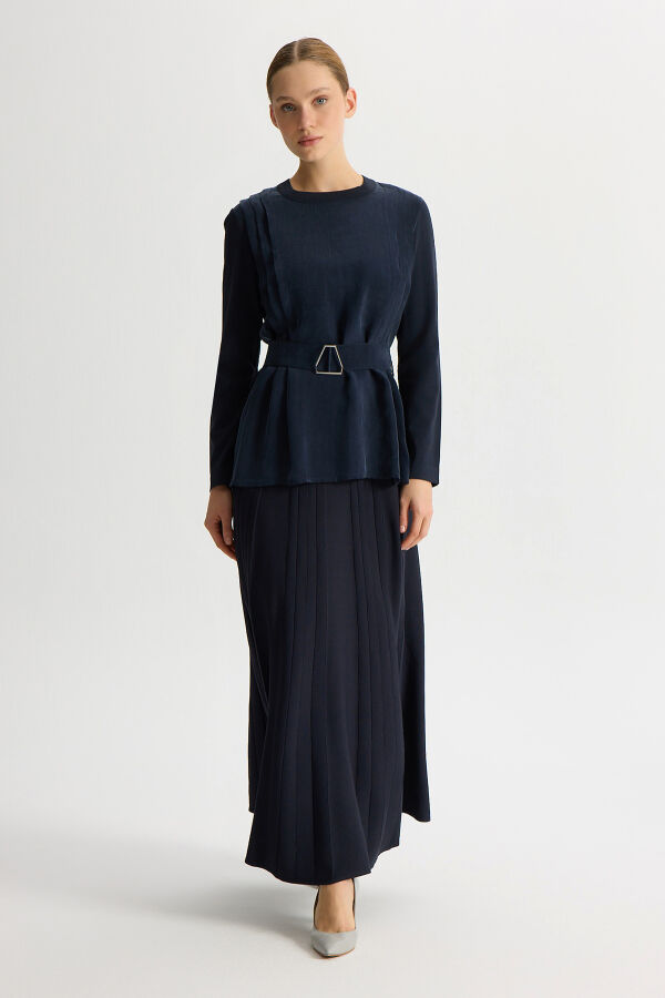 Kemerli Pile Detaylı Cupro Tunik Dark Navy - 3