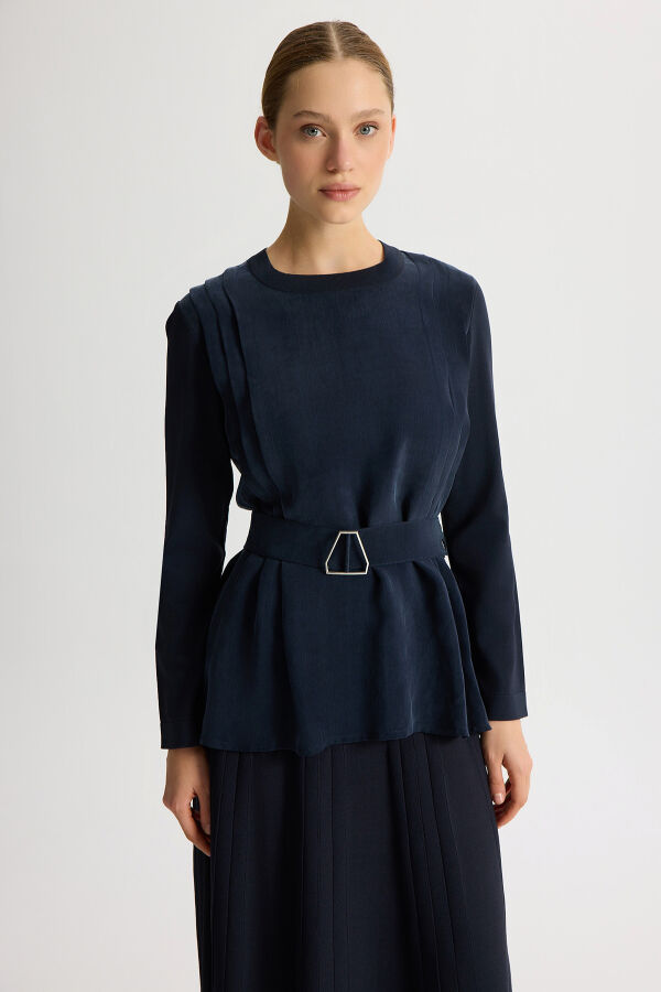Kemerli Pile Detaylı Cupro Tunik Dark Navy - 1