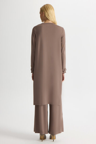 Yakası İnci Detaylı Uzun Triko Tunik Kahverengi Pudra - 4
