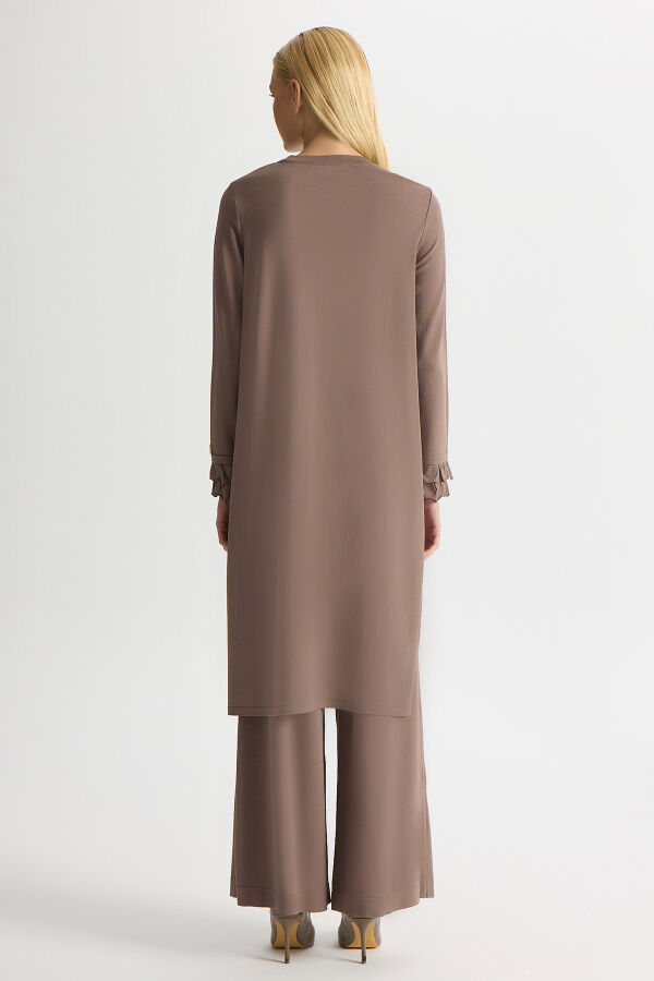 Yakası İnci Detaylı Uzun Triko Tunik Kahverengi Pudra - 4