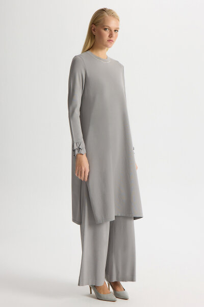 Yakası İnci Detaylı Uzun Triko Tunik Gri - 3