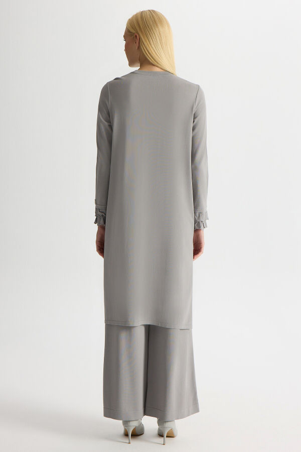 Yakası İnci Detaylı Uzun Triko Tunik Gri - 4