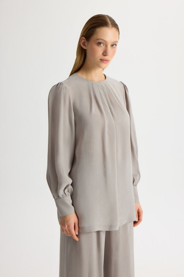 Cupro Tunic with Gathered Ankle Balloon Sleeves - 1