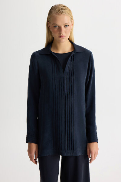 Triko Yakalı Cupro Tunik Dark Navy - MISS DALIDA