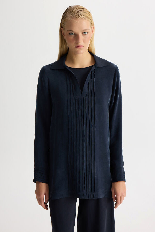 Triko Yakalı Cupro Tunik Dark Navy - 1
