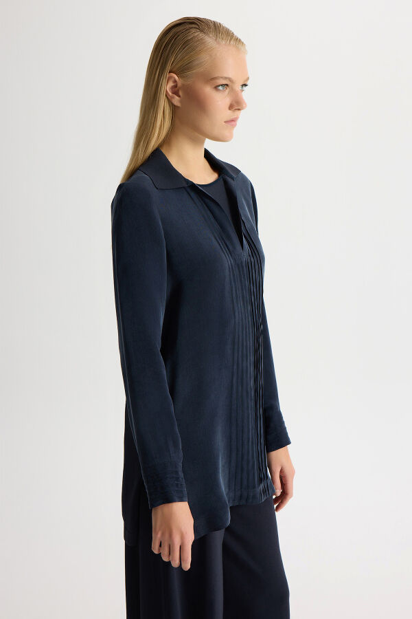 Triko Yakalı Cupro Tunik Dark Navy - 2