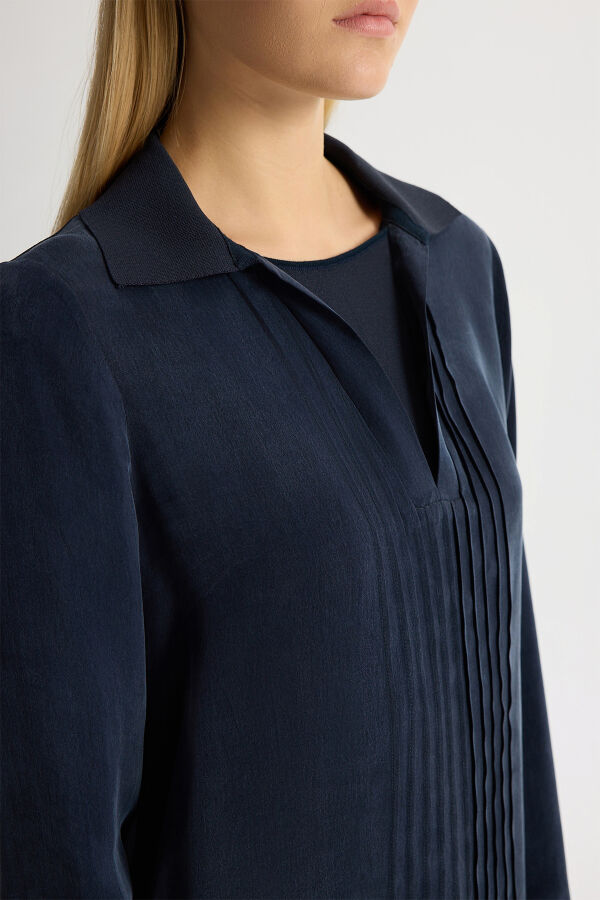 Triko Yakalı Cupro Tunik Dark Navy - 3