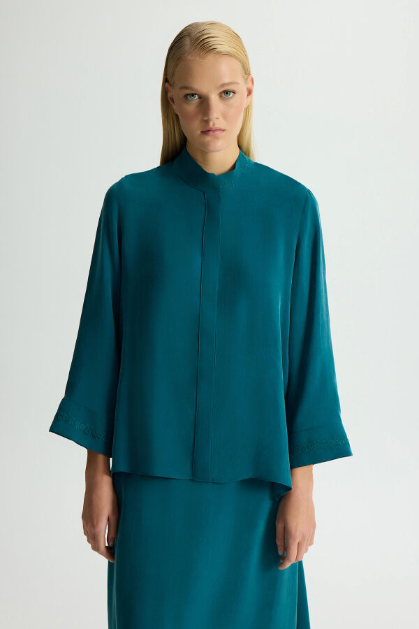 Hakim Yaka Nakışlı Cupro Tunik North Sea - 1