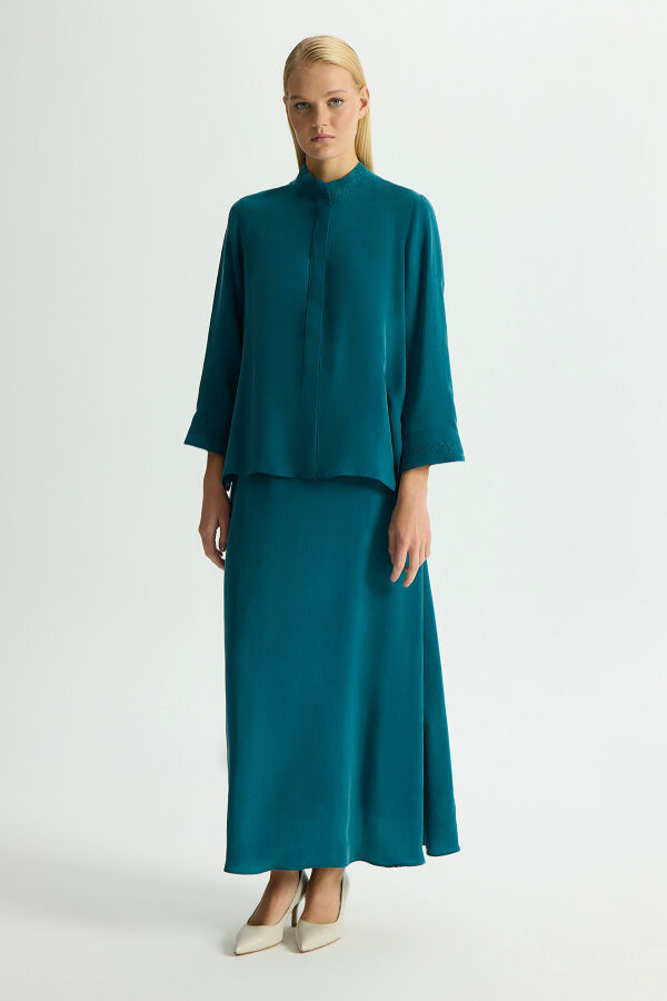 Hakim Yaka Nakışlı Cupro Tunik North Sea - 3