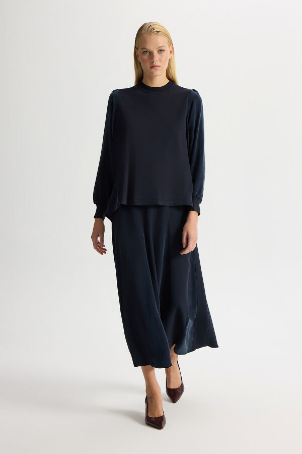 Evaze Kesim Bileği Lastikli Tunik Dark Navy - 3