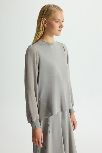 Evaze Kesim Bileği Lastikli Tunik Gri - 3