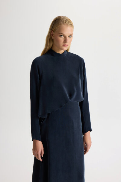 Ön Kısmı Hareketli Cupro Tunik Dark Navy - 1