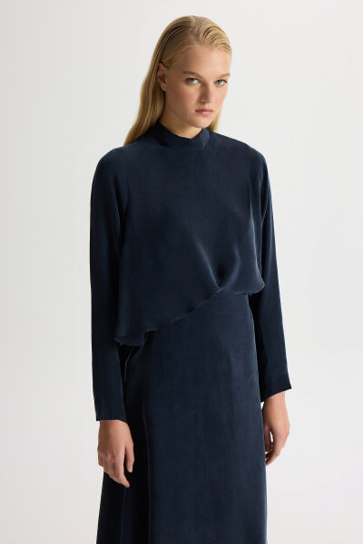 Ön Kısmı Hareketli Cupro Tunik Dark Navy - 2