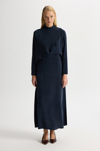 Ön Kısmı Hareketli Cupro Tunik Dark Navy - 4