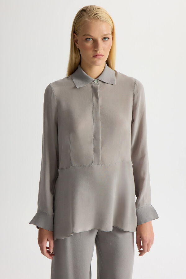 Cupro Tunic with Knitwear Detail on Collar and Cuff - 1