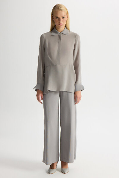 Cupro Tunic with Knitwear Detail on Collar and Cuff - 4