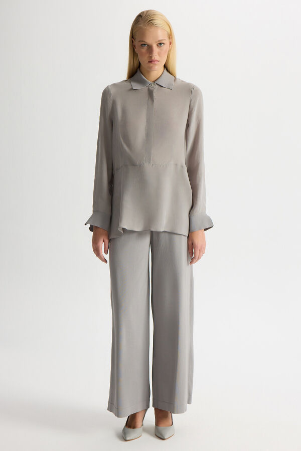 Cupro Tunic with Knitwear Detail on Collar and Cuff - 4