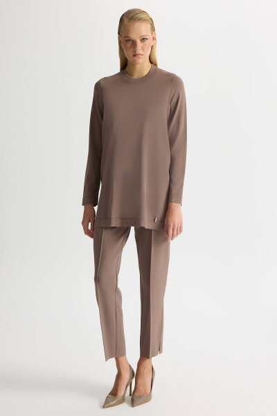 Dar Paça Basic Triko Pantolon Kahverengi Pudra - MISS DALIDA