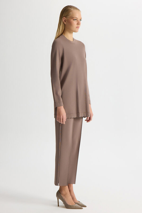 Dar Paça Basic Triko Pantolon Kahverengi Pudra - 2