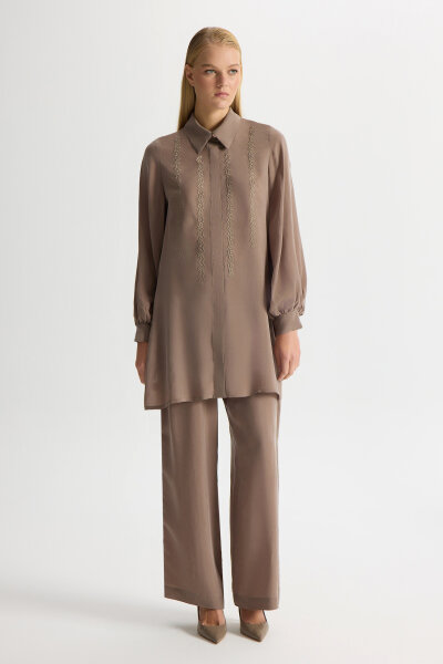 Yanları Nakışlı Bol Paça Cupro Pantolon Kahverengi Pudra - MISS DALIDA