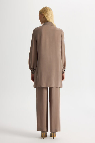 Yanları Nakışlı Bol Paça Cupro Pantolon Kahverengi Pudra - 4
