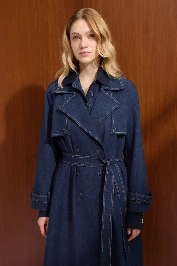 Düz Renk Denim Trenchkot Navy Blue - 2