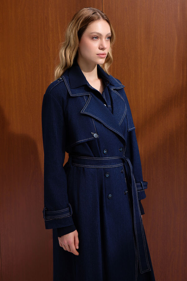 Düz Renk Denim Trenchkot Navy Blue - 3