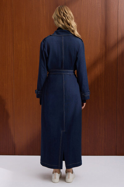 Düz Renk Denim Trenchkot Navy Blue - 4