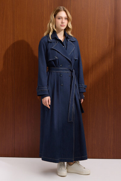 Düz Renk Denim Trenchkot Navy Blue - 5