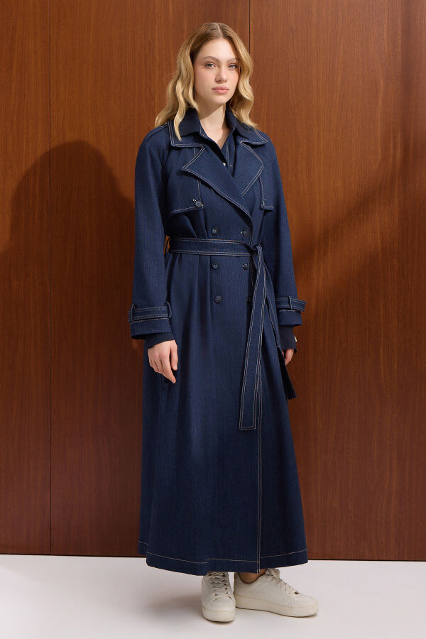 Düz Renk Denim Trenchkot Navy Blue - 5