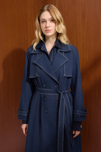 Düz Renk Denim Trenchkot Navy Blue - MISS DALIDA (1)