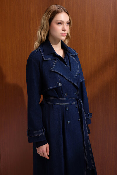 Solid Color Denim Trench Coat - 3