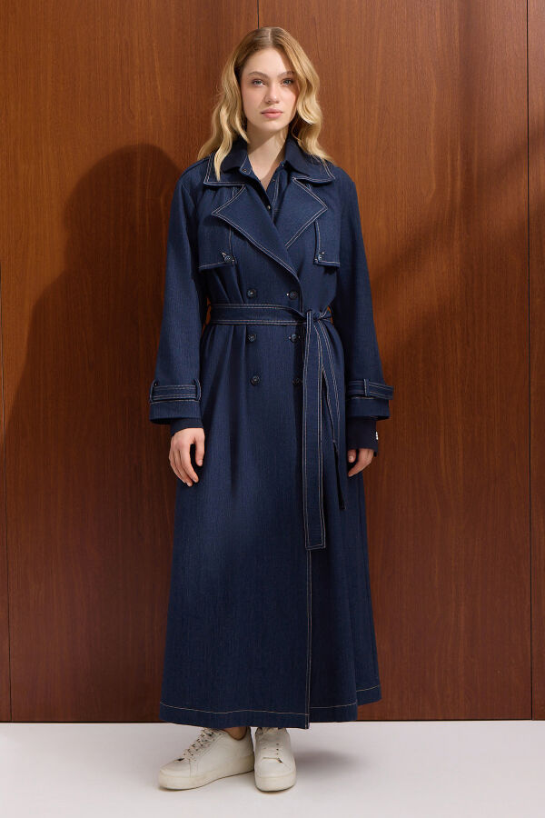 Solid Color Denim Trench Coat - 1