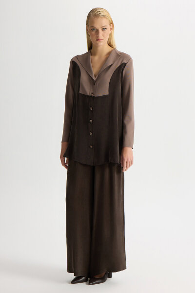 Triko-Cupro Ceket Kahverengi Pudra - 4