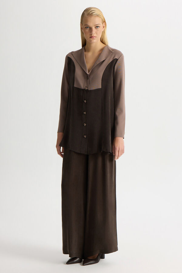 Triko-Cupro Ceket Kahverengi Pudra - 4