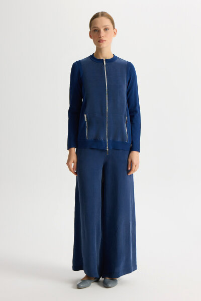 Fermuarlı Cupro Detaylı Triko Ceket Dark Navy - 1