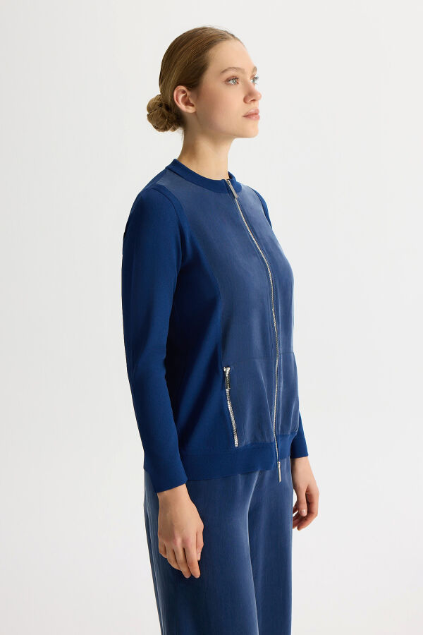 Fermuarlı Cupro Detaylı Triko Ceket Dark Navy - 3