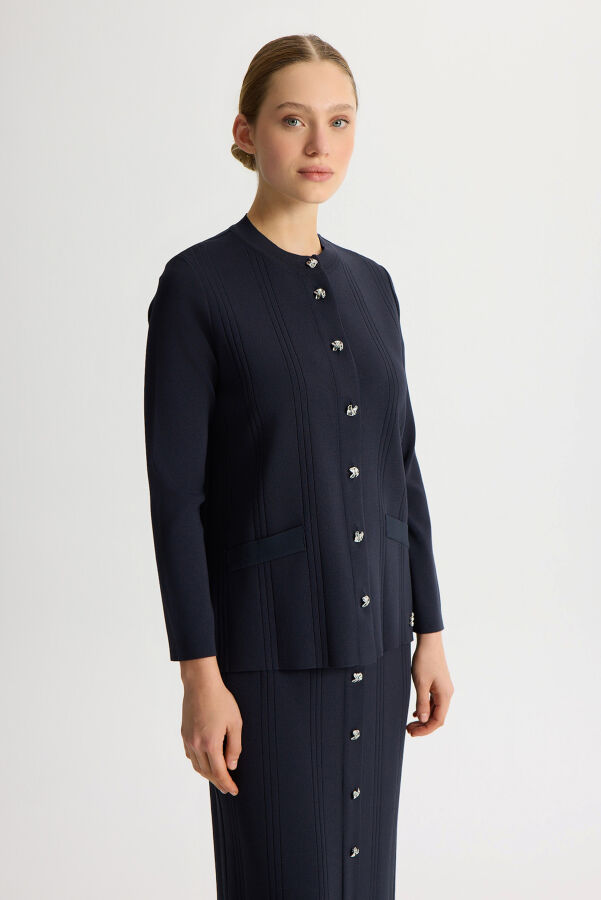 Düğmeli Klasik Triko Ceket Dark Navy - 5