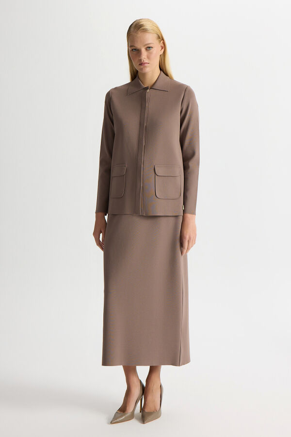 Gömlek Yaka Cepli Elegant Ceket Kahverengi Pudra - 3