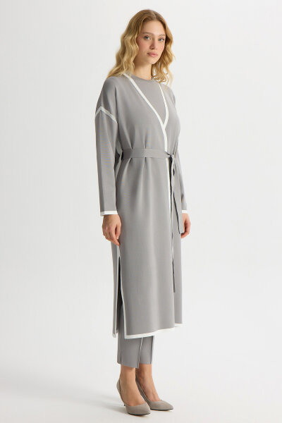 Şerit Detaylı Düz Renk Triko Hırka Gri - MISS DALIDA (1)