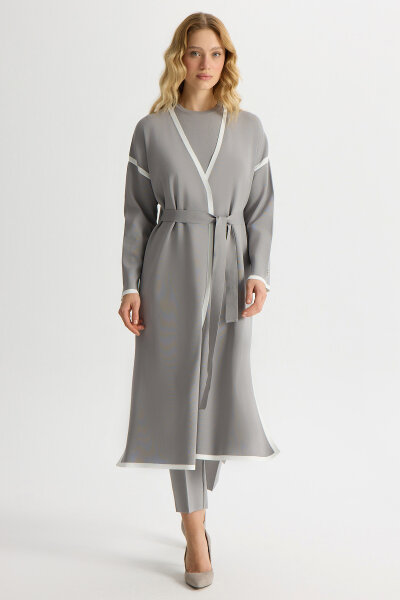 Şerit Detaylı Düz Renk Triko Hırka Gri - 3