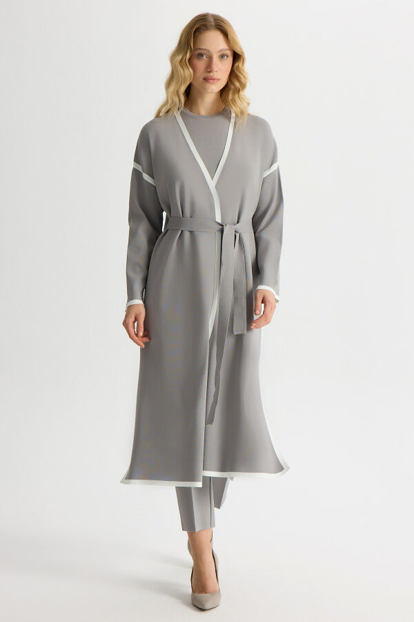 Şerit Detaylı Düz Renk Triko Hırka Gri - 3