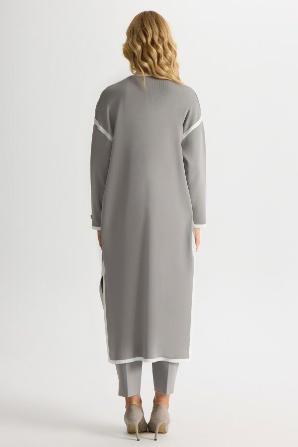 Şerit Detaylı Düz Renk Triko Hırka Gri - 4