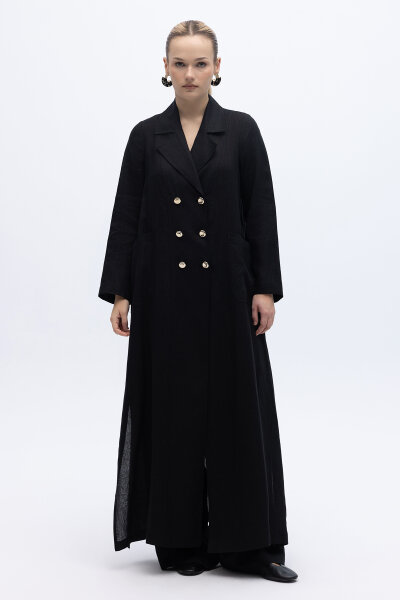 Tam Boy Kruvaze Keten Ceket Siyah 