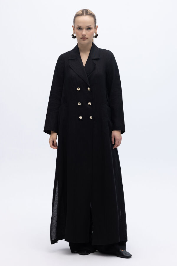 Tam Boy Kruvaze Keten Ceket Siyah - 1